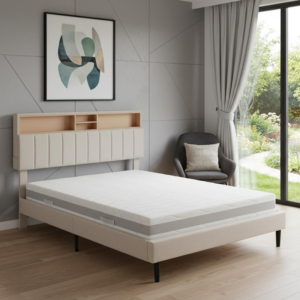 HomeRoots Beige Wood Tufted Linen Queen Bed Frame with USB Port - Stylish Comfort for Your Bedroom Retreat 606945