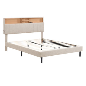 HomeRoots Beige Wood Tufted Linen Queen Bed Frame with USB Port - Stylish Comfort for Your Bedroom Retreat 606945