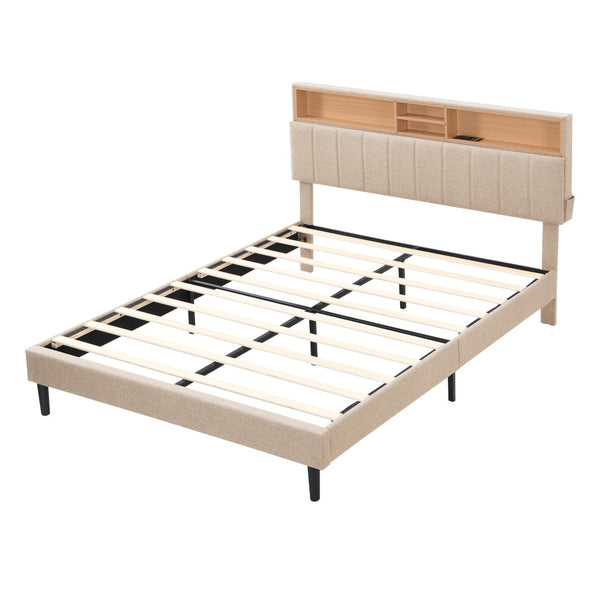 HomeRoots Beige Wood Tufted Linen Queen Bed Frame with USB Port - Stylish Comfort for Your Bedroom Retreat 606945