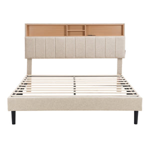 HomeRoots Beige Wood Tufted Linen Queen Bed Frame with USB Port - Stylish Comfort for Your Bedroom Retreat 606945