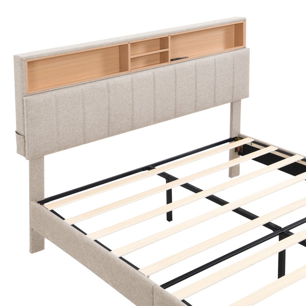 HomeRoots Beige Wood Tufted Linen Queen Bed Frame with USB Port - Stylish Comfort for Your Bedroom Retreat 606945