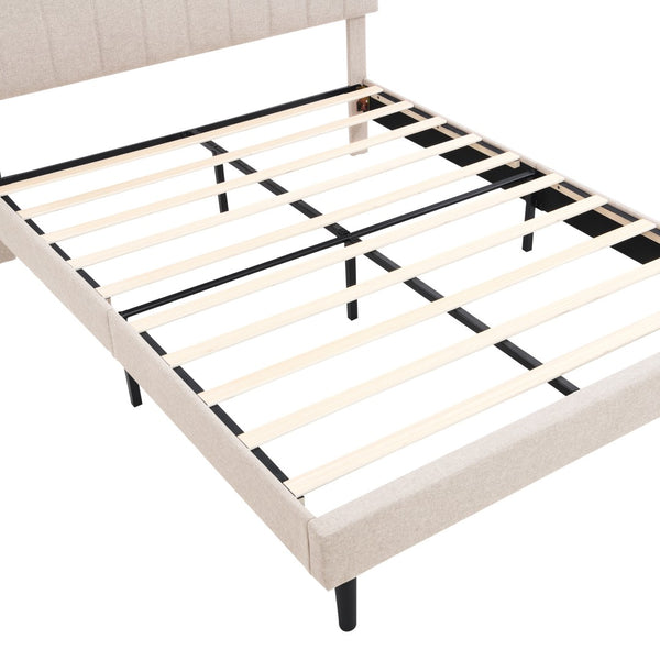 HomeRoots Beige Wood Tufted Linen Queen Bed Frame with USB Port - Stylish Comfort for Your Bedroom Retreat 606945