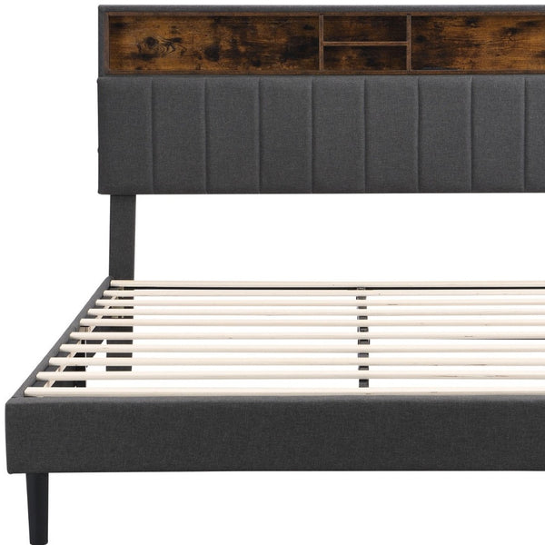 HomeRoots Gray Wood & Tufted Linen Queen Bed Frame with USB Port – Stylish Comfort for Modern Bedrooms 606946