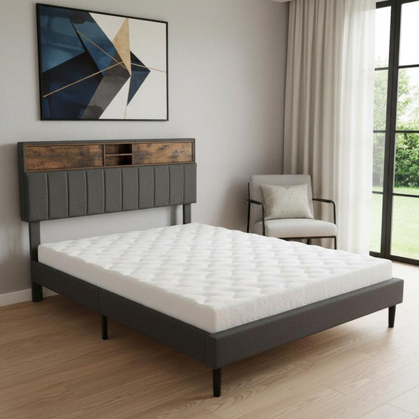 HomeRoots Gray Wood & Tufted Linen Queen Bed Frame with USB Port – Stylish Comfort for Modern Bedrooms 606946