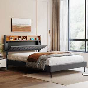 HomeRoots Gray Wood & Tufted Linen Queen Bed Frame with USB Port – Stylish Comfort for Modern Bedrooms 606946