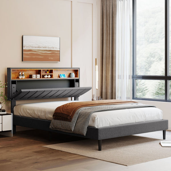 HomeRoots Gray Wood & Tufted Linen Queen Bed Frame with USB Port – Stylish Comfort for Modern Bedrooms 606946
