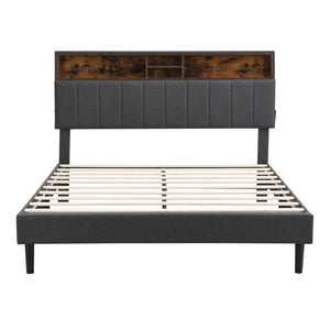 HomeRoots Gray Wood & Tufted Linen Queen Bed Frame with USB Port – Stylish Comfort for Modern Bedrooms 606946