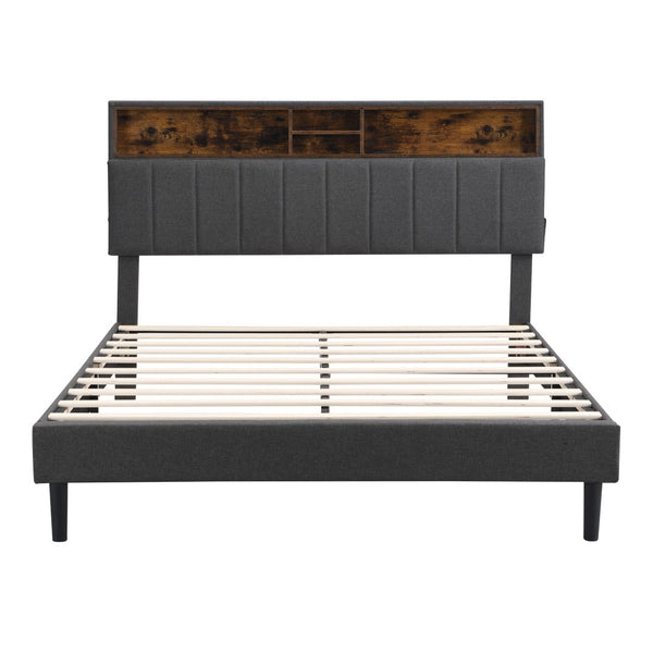 HomeRoots Gray Wood & Tufted Linen Queen Bed Frame with USB Port – Stylish Comfort for Modern Bedrooms 606946