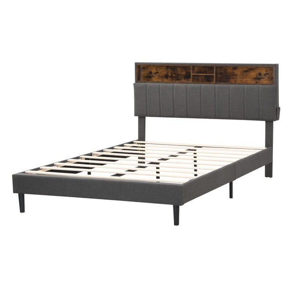HomeRoots Gray Wood & Tufted Linen Queen Bed Frame with USB Port – Stylish Comfort for Modern Bedrooms 606946