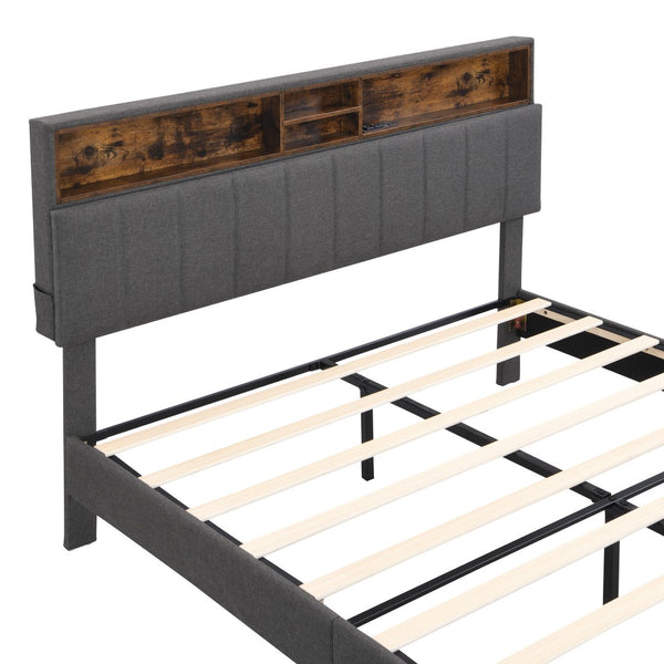 HomeRoots Gray Wood & Tufted Linen Queen Bed Frame with USB Port – Stylish Comfort for Modern Bedrooms 606946