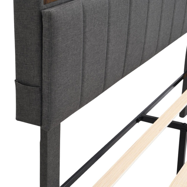 HomeRoots Gray Wood & Tufted Linen Queen Bed Frame with USB Port – Stylish Comfort for Modern Bedrooms 606946