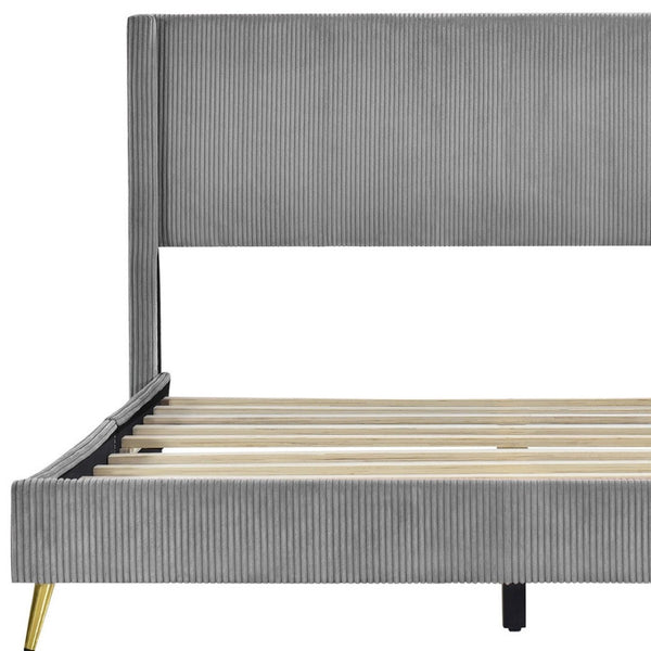HomeRoots Gray Tufted Corduroy Upholstered Queen Bed Frame – Elegant, Cozy Design for Stylish Bedrooms and Comfort 606947