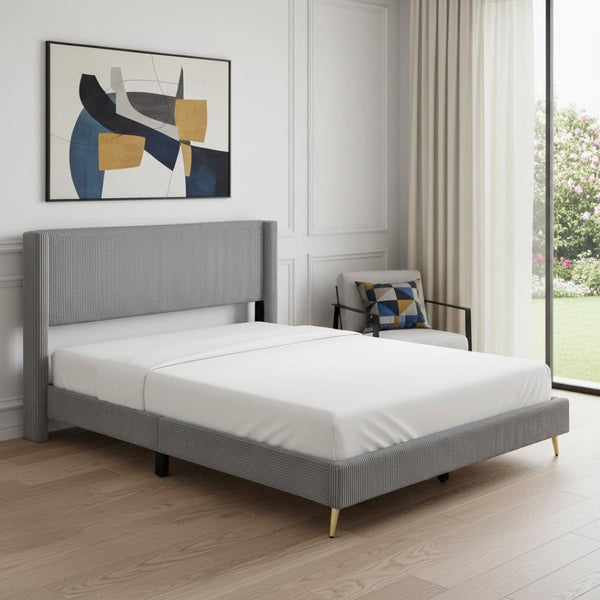 HomeRoots Gray Tufted Corduroy Upholstered Queen Bed Frame – Elegant, Cozy Design for Stylish Bedrooms and Comfort 606947