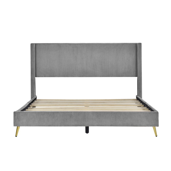 HomeRoots Gray Tufted Corduroy Upholstered Queen Bed Frame – Elegant, Cozy Design for Stylish Bedrooms and Comfort 606947