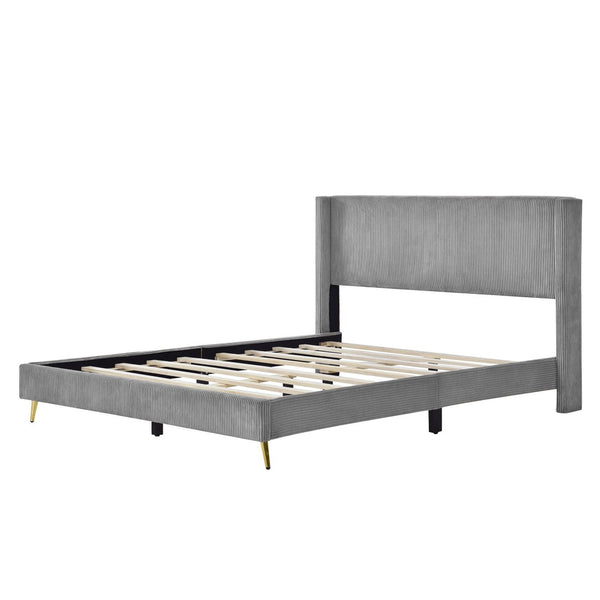 HomeRoots Gray Tufted Corduroy Upholstered Queen Bed Frame – Elegant, Cozy Design for Stylish Bedrooms and Comfort 606947