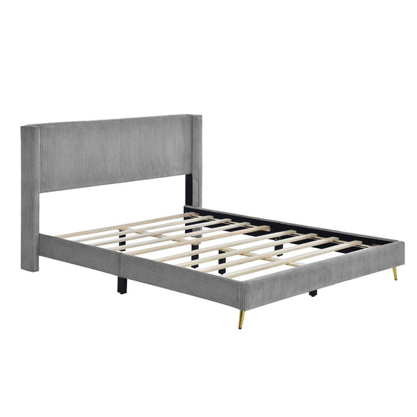HomeRoots Gray Tufted Corduroy Upholstered Queen Bed Frame – Elegant, Cozy Design for Stylish Bedrooms and Comfort 606947