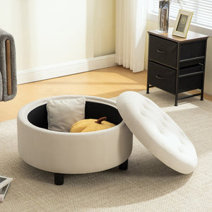 English Elm 29.33"w Fleece Tufted Round Storage Ottoman Reversible Lid Footstool for Living Room Beige W3189P422396