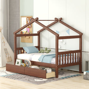 HomeRoots Walnut Wood Twin Bed Frame - Modern Platform Design with Sturdy Support, No Box Spring Needed! 606950