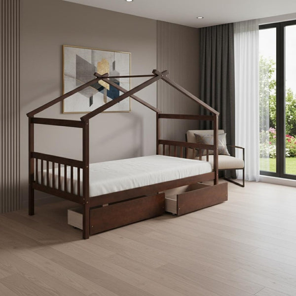 HomeRoots Walnut Wood Twin Bed Frame - Modern Platform Design with Sturdy Support, No Box Spring Needed! 606950