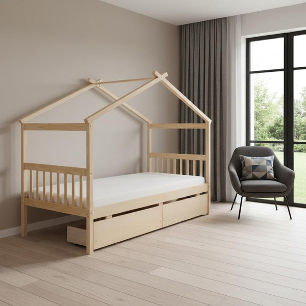 HomeRoots Natural Wood Twin House Bed with Integrated Drawers - Timeless Charm & Practical Storage Solution! 606951
