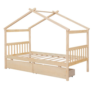 HomeRoots Natural Wood Twin House Bed with Integrated Drawers - Timeless Charm & Practical Storage Solution! 606951