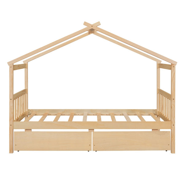 HomeRoots Natural Wood Twin House Bed with Integrated Drawers - Timeless Charm & Practical Storage Solution! 606951