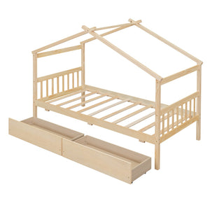 HomeRoots Natural Wood Twin House Bed with Integrated Drawers - Timeless Charm & Practical Storage Solution! 606951