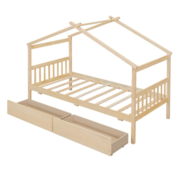 HomeRoots Natural Wood Twin House Bed with Integrated Drawers - Timeless Charm & Practical Storage Solution! 606951
