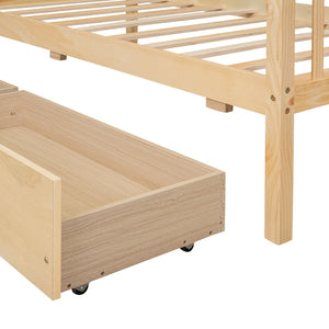 HomeRoots Natural Wood Twin House Bed with Integrated Drawers - Timeless Charm & Practical Storage Solution! 606951