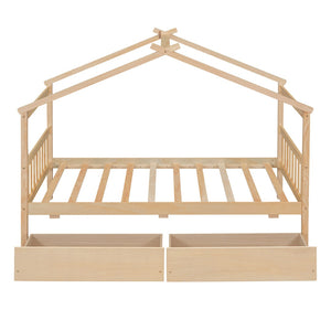 HomeRoots Natural Wood Twin House Bed with Integrated Drawers - Timeless Charm & Practical Storage Solution! 606951