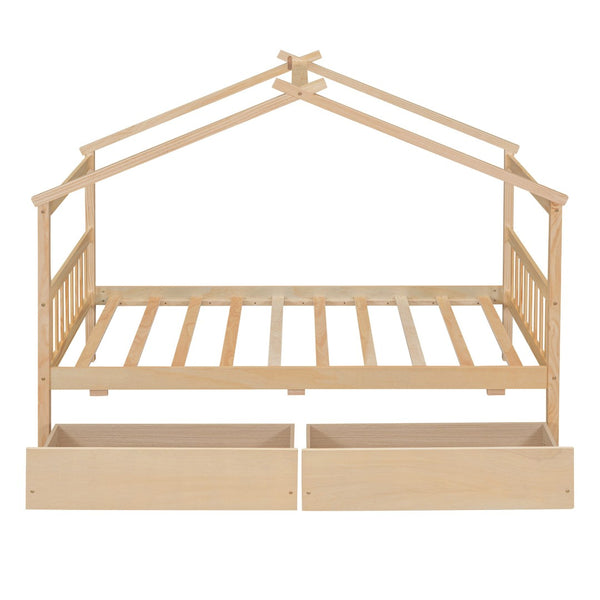 HomeRoots Natural Wood Twin House Bed with Integrated Drawers - Timeless Charm & Practical Storage Solution! 606951