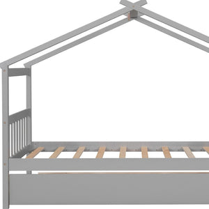HomeRoots Gray Wood Twin House Bed with Trundle - Stylish, Durable Design for Kids' Rooms & Sleepovers! 606952
