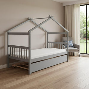 HomeRoots Gray Wood Twin House Bed with Trundle - Stylish, Durable Design for Kids' Rooms & Sleepovers! 606952
