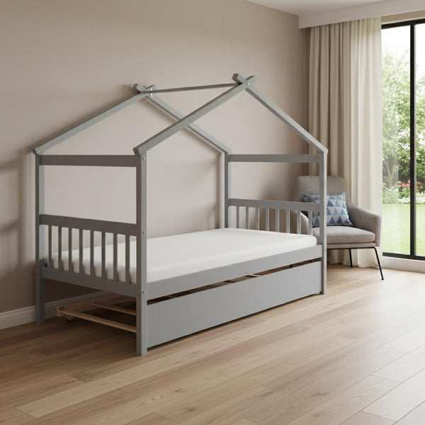 HomeRoots Gray Wood Twin House Bed with Trundle - Stylish, Durable Design for Kids' Rooms & Sleepovers! 606952