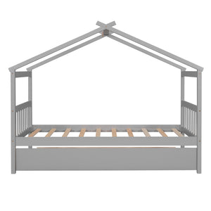 HomeRoots Gray Wood Twin House Bed with Trundle - Stylish, Durable Design for Kids' Rooms & Sleepovers! 606952