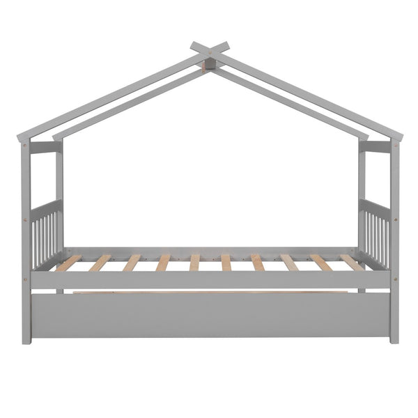 HomeRoots Gray Wood Twin House Bed with Trundle - Stylish, Durable Design for Kids' Rooms & Sleepovers! 606952