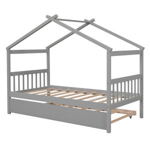 HomeRoots Gray Wood Twin House Bed with Trundle - Stylish, Durable Design for Kids' Rooms & Sleepovers! 606952