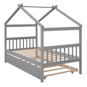 HomeRoots Gray Wood Twin House Bed with Trundle - Stylish, Durable Design for Kids' Rooms & Sleepovers! 606952
