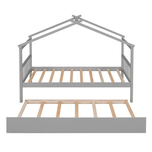 HomeRoots Gray Wood Twin House Bed with Trundle - Stylish, Durable Design for Kids' Rooms & Sleepovers! 606952