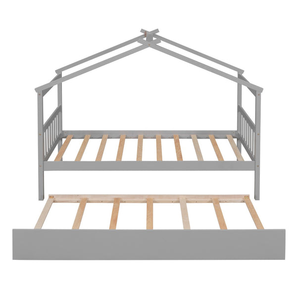 HomeRoots Gray Wood Twin House Bed with Trundle - Stylish, Durable Design for Kids' Rooms & Sleepovers! 606952