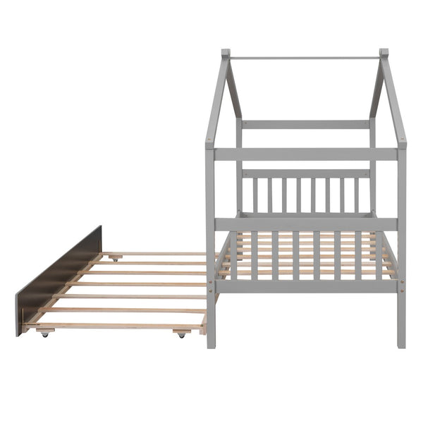HomeRoots Gray Wood Twin House Bed with Trundle - Stylish, Durable Design for Kids' Rooms & Sleepovers! 606952