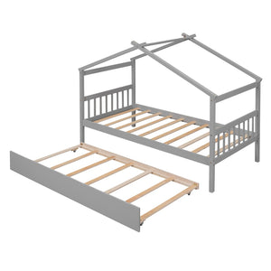 HomeRoots Gray Wood Twin House Bed with Trundle - Stylish, Durable Design for Kids' Rooms & Sleepovers! 606952