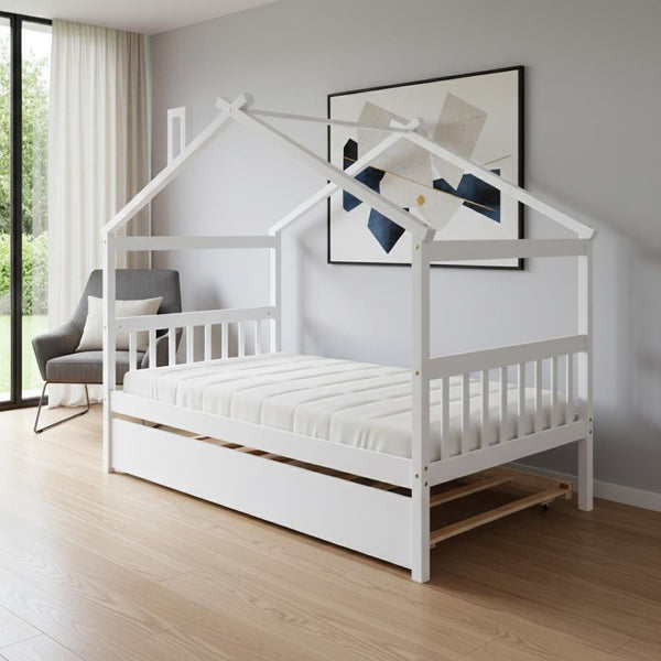 HomeRoots White Wood Twin Bed Frame with Trundle - Space-Saving Design for Kids' Rooms, Guest Rooms & More! 606953