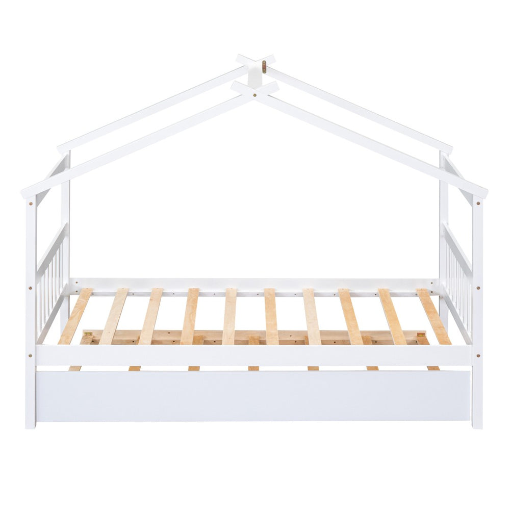 HomeRoots White Wood Twin Bed Frame with Trundle - Space-Saving Design for Kids' Rooms, Guest Rooms & More! 606953