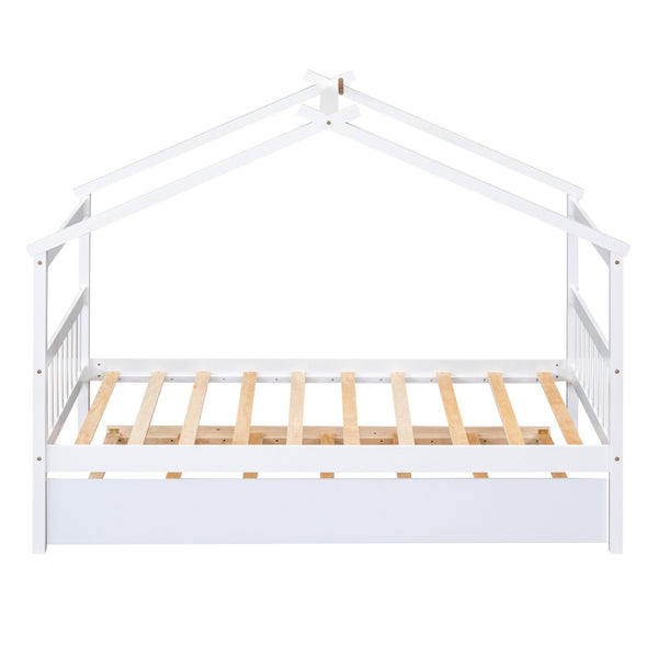 HomeRoots White Wood Twin Bed Frame with Trundle - Space-Saving Design for Kids' Rooms, Guest Rooms & More! 606953