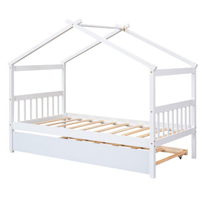 HomeRoots White Wood Twin Bed Frame with Trundle - Space-Saving Design for Kids' Rooms, Guest Rooms & More! 606953
