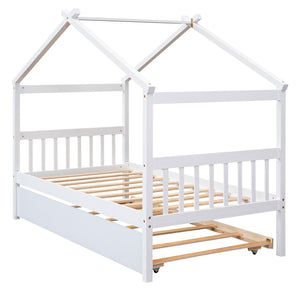 HomeRoots White Wood Twin Bed Frame with Trundle - Space-Saving Design for Kids' Rooms, Guest Rooms & More! 606953