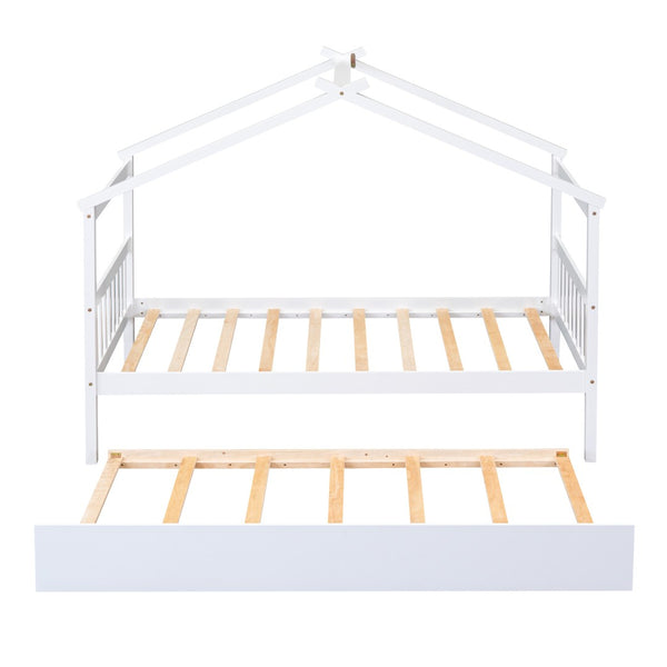 HomeRoots White Wood Twin Bed Frame with Trundle - Space-Saving Design for Kids' Rooms, Guest Rooms & More! 606953