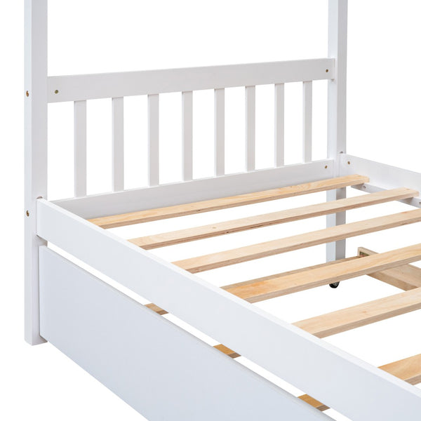 HomeRoots White Wood Twin Bed Frame with Trundle - Space-Saving Design for Kids' Rooms, Guest Rooms & More! 606953