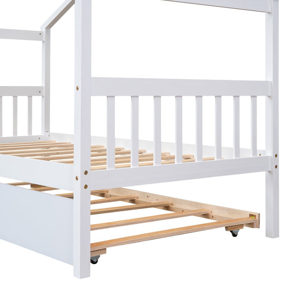 HomeRoots White Wood Twin Bed Frame with Trundle - Space-Saving Design for Kids' Rooms, Guest Rooms & More! 606953